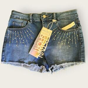 Project Rebel Denim Juniors Stretch Festival Raw Hem Rhinestoned Shorts Sz 7